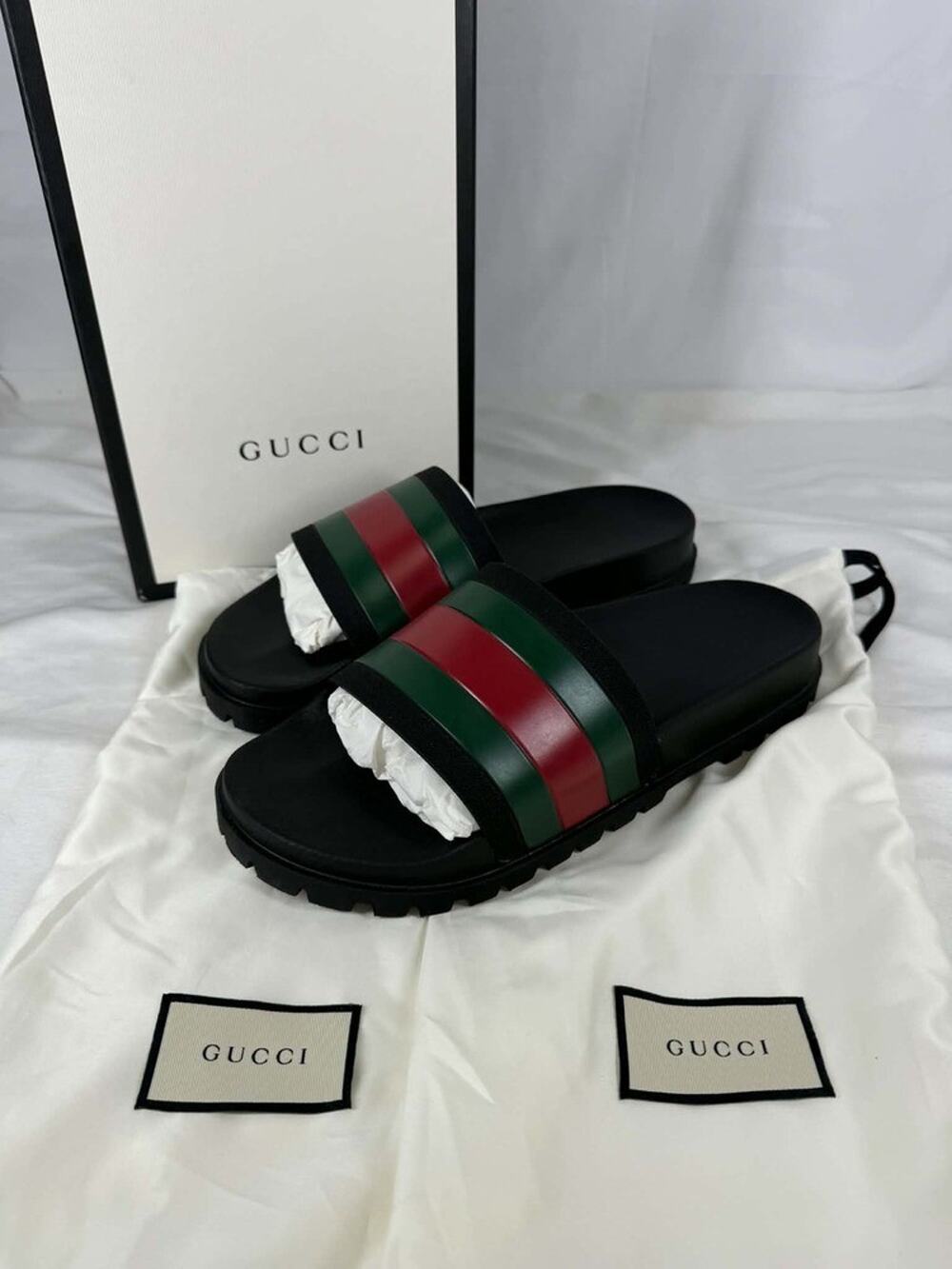 Gucci Men’s Black Rubber Slide Sandals Red/Green Web Striped US 12.5 SPB-TS 797